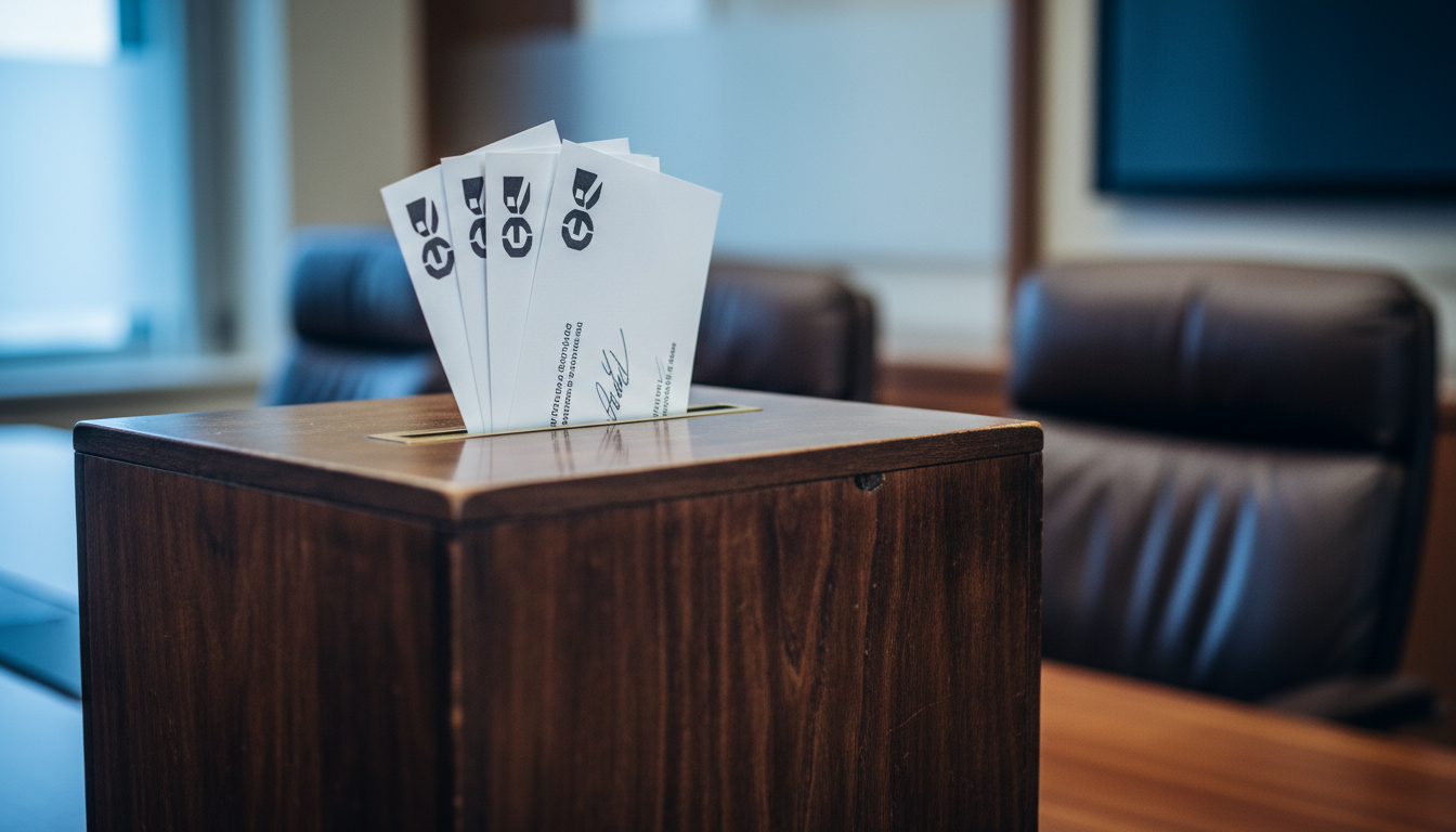 Dark wood ballot box with proxy voting cards on boardroom table