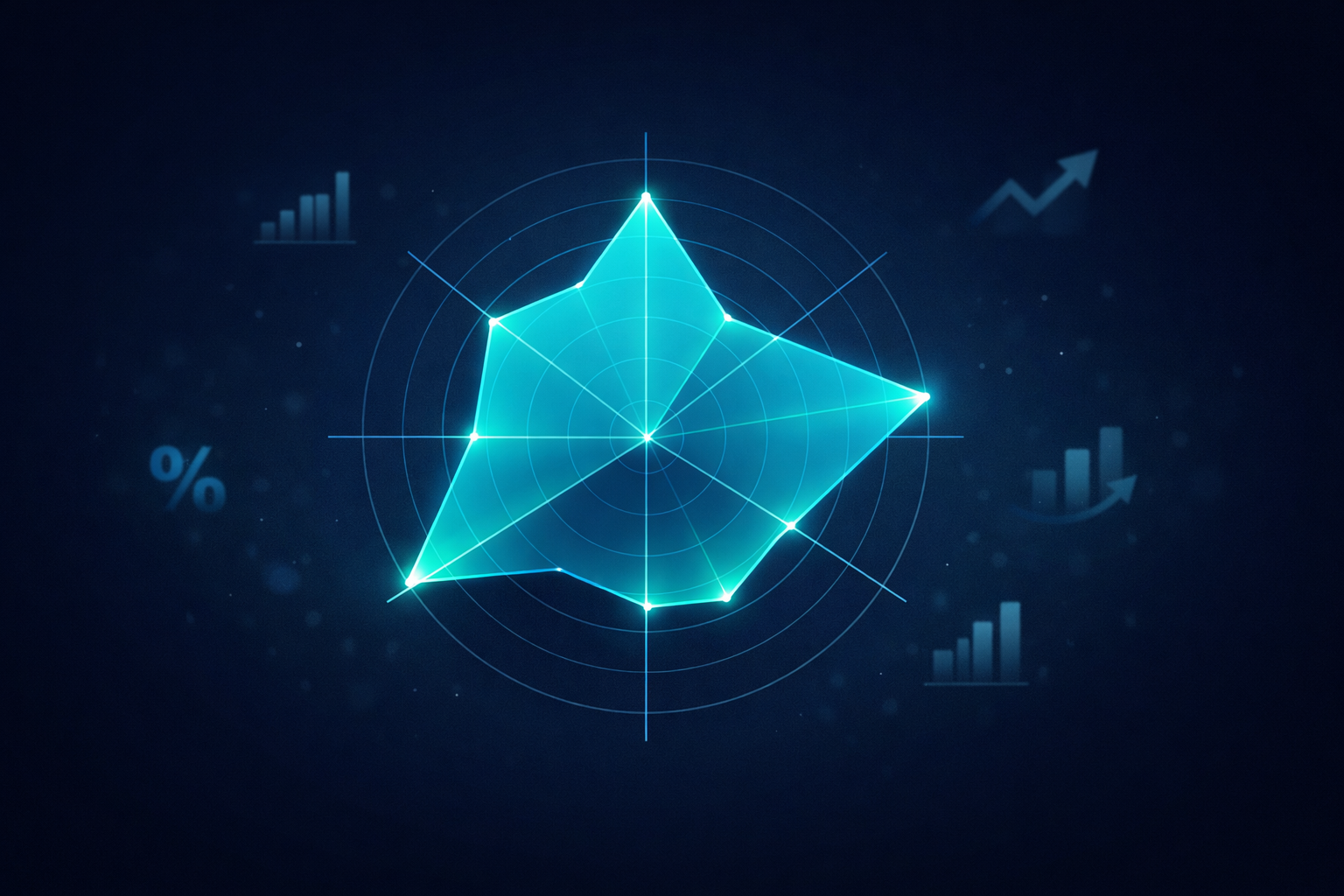 Financial health radar chart showing six dimensions of company analysis with glowing data visualization