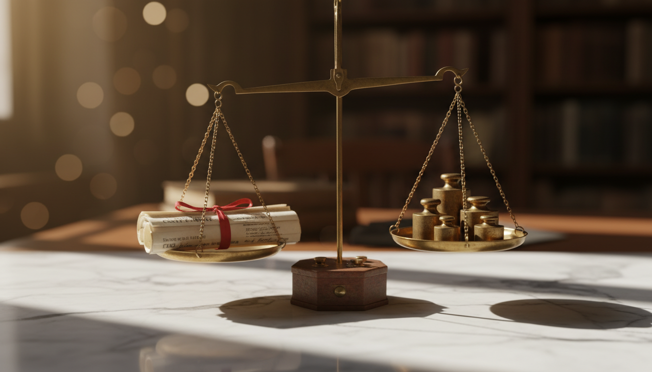 Brass balance scale with share certificates and weights on marble surface in dramatic lighting